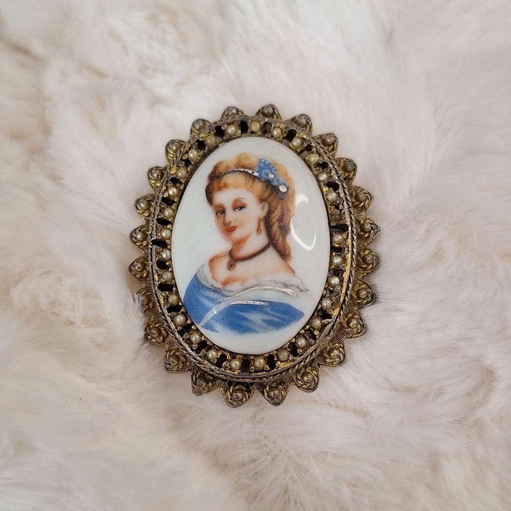 Vintage Gold Tone Porcelain Painted Lady Style in Blue Brooch Pin SOLD